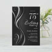 Modern Black Silver 75. Geburtstagsparty Einladung (Stehend Vorderseite)