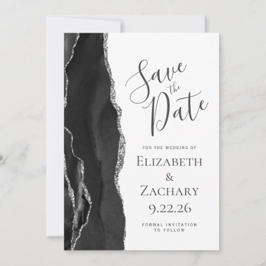 Modern Black Silver Agate Save the Date (Vorderseite)