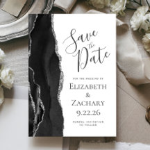 Modern Black Silver Agate Save the Date Card