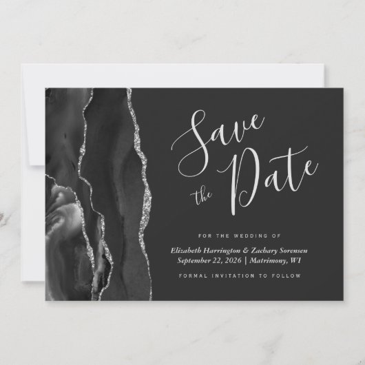 Modern Black Silver Agate Save the Date Card Einladung (Vorderseite)