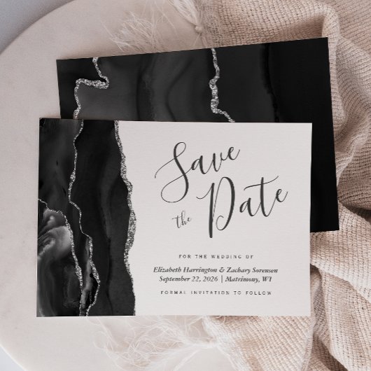 Modern Black Silver Agate Save the Date Card Einladung