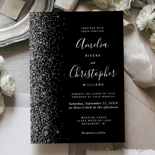 Modern Black Silver Glitter Edge Wedding Folieneinladung