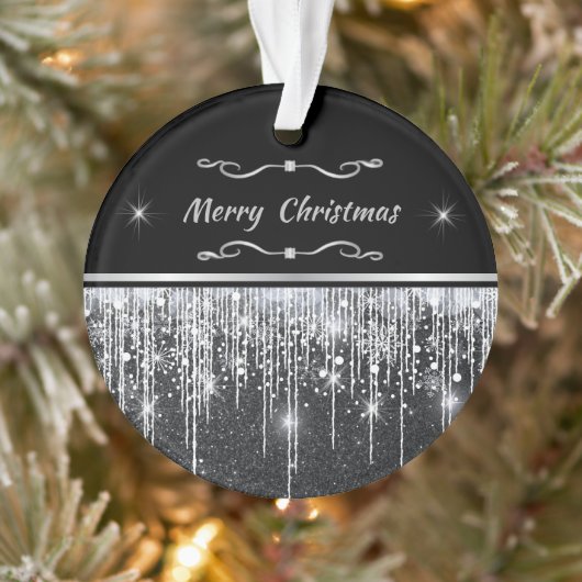 Modern Black Silver Sparkle Script Family Business Ornament (Baum)