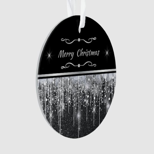 Modern Black Silver Sparkle Script Family Business Ornament (Vorderseite)