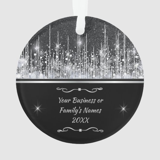 Modern Black Silver Sparkle Script Family Business Ornament (Rückseite)