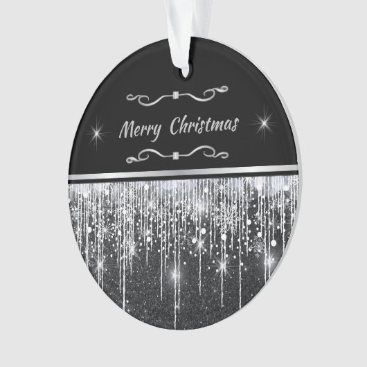 Modern Black Silver Sparkle Script Family Business Ornament (Vorderseite)