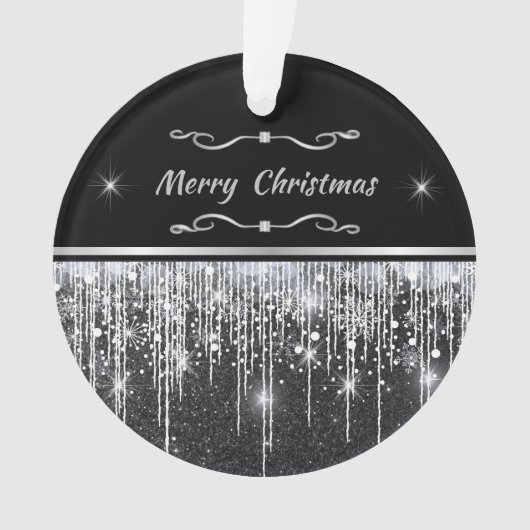Modern Black Silver Sparkle Script Family Business Ornament (Vorderseite)
