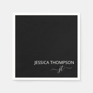 Modern Black Simple Script Monogram Name Cocktail Serviette