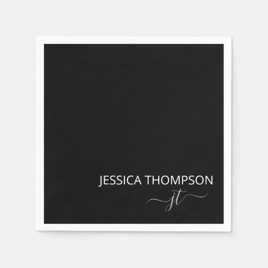 Modern Black Simple Script Monogram Name Cocktail Serviette (Vorderseite)