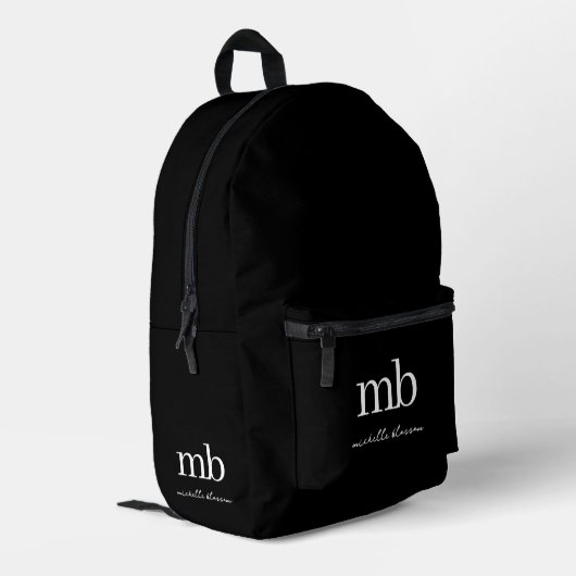 Modern Black Simple Trendy Script Initial Monogram Bedruckter Rucksack (Rückseitige Ecke links)