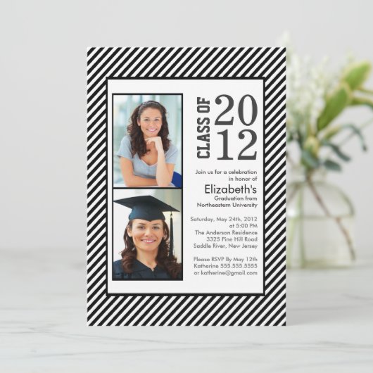 Modern Black Stripes Foto Abschluss Einladung (Stehend Vorderseite)