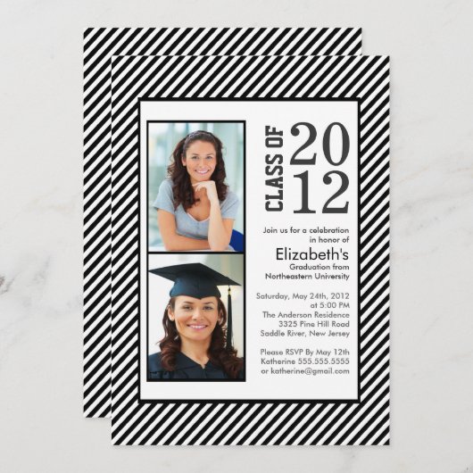 Modern Black Stripes Foto Abschluss Einladung (Vorne/Hinten)