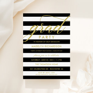 Modern Black Stripes Gold Custom Grad Party Einladung