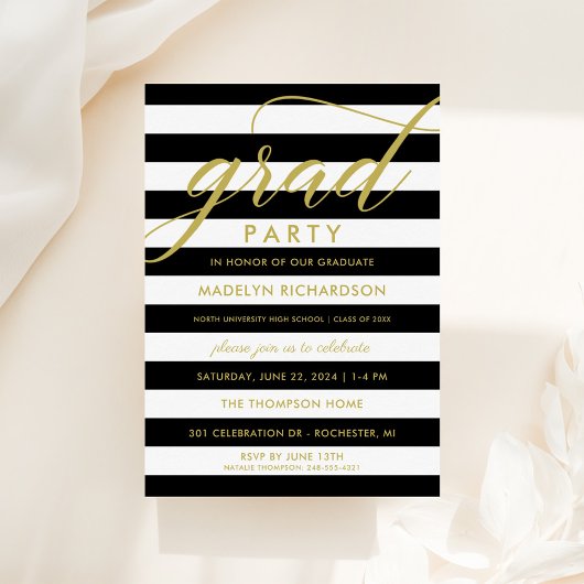 Modern Black Stripes Gold Custom Grad Party Einladung