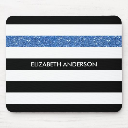 Modern Black Stripes IMITATE Blue Glitz und Name Mousepad (Vorne)