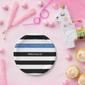 Modern Black Stripes IMITATE Blue Glitz und Name Pappteller (Party)