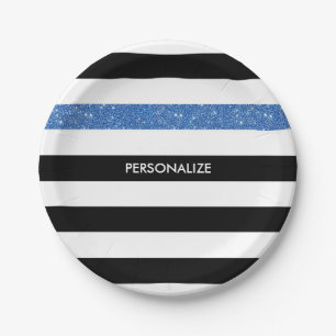 Modern Black Stripes IMITATE Blue Glitz und Name Pappteller