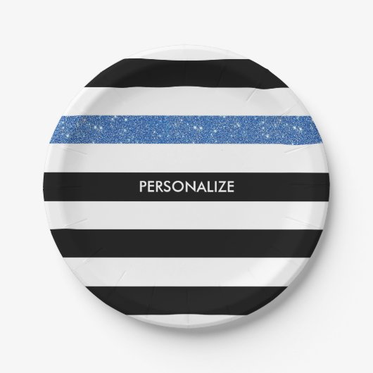 Modern Black Stripes IMITATE Blue Glitz und Name Pappteller (Vorderseite)