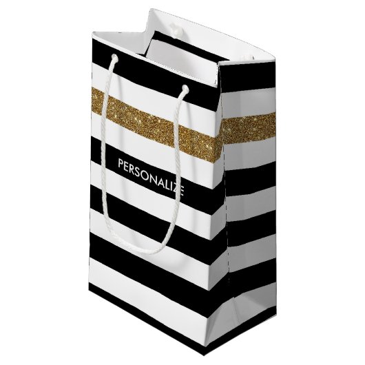 Modern Black Stripes IMITATE Gold Glitz und Name Kleine Geschenktüte (Vorderseite Schrägansicht)