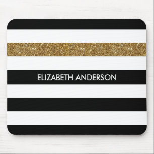 Modern Black Stripes IMITATE Gold Glitz und Name Mousepad