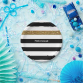 Modern Black Stripes IMITATE Gold Glitz und Name Pappteller (Party)