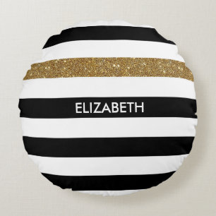 Modern Black Stripes IMITATE Gold Glitz und Name Rundes Kissen