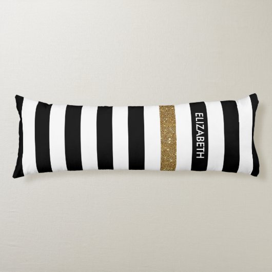 Modern Black Stripes IMITATE Gold Glitz und Name Seitenschläferkissen (Vorderseite)