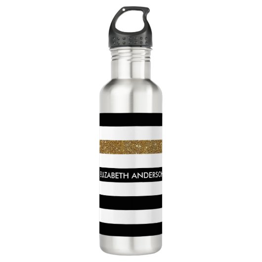 Modern Black Stripes IMITATE Gold Glitz und Name Trinkflasche (Vorderseite)