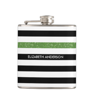 Modern Black Stripes IMITATE Green Glitz und Name Flachmann