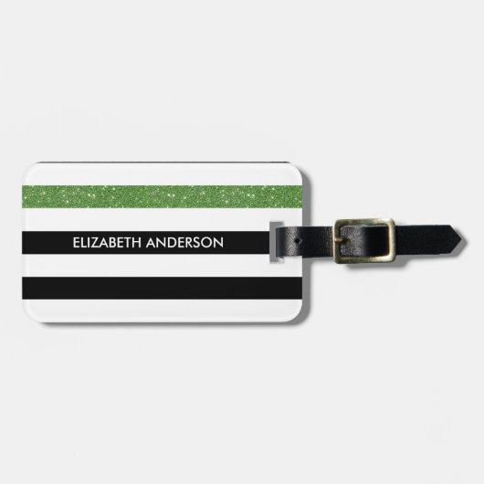 Modern Black Stripes IMITATE Green Glitz und Name Gepäckanhänger (Vorderseite horizontal)