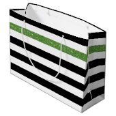 Modern Black Stripes IMITATE Green Glitz und Name Große Geschenktüte (Rückseite Schrägansicht)
