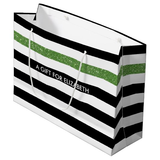 Modern Black Stripes IMITATE Green Glitz und Name Große Geschenktüte (Vorderseite Schrägansicht)