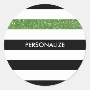 Modern Black Stripes IMITATE Green Glitz und Name Runder Aufkleber