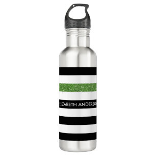 Modern Black Stripes IMITATE Green Glitz und Name Trinkflasche