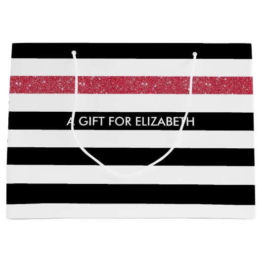 Modern Black Stripes IMITATE Red Glitz und Name Große Geschenktüte (Vorderseite)