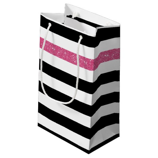 Modern Black Stripes IMITATE Rosa Glitz und Name Kleine Geschenktüte (Rückseite Schrägansicht)