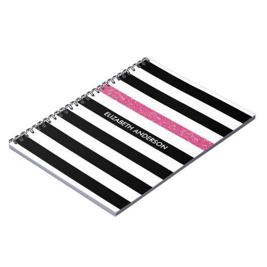 Modern Black Stripes IMITATE Rosa Glitz und Name Notizblock (Linke Seite)