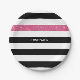 Modern Black Stripes IMITATE Rosa Glitz und Name Pappteller