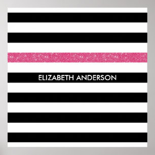 Modern Black Stripes IMITATE Rosa Glitz und Name Poster