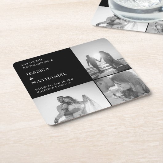 Modern Black Three Fotomaterial Collage Save the D Rechteckiger Pappuntersetzer (angewinkelt)