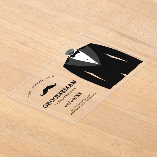 Modern Black Tuxedo Groomsman Request Acryleinladungen (Ablage )