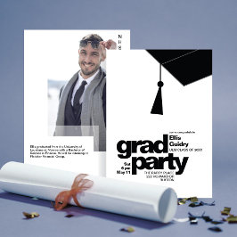 Modern Black Typography & Tassel Grad Party Photo Einladung