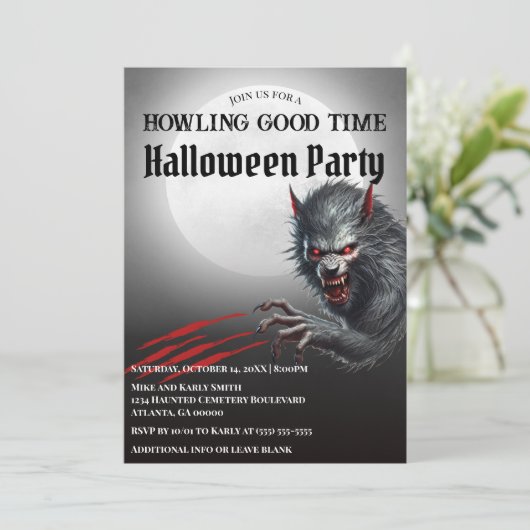 Modern Black Werewolf Full Moon Halloween-Party Einladung (Stehend Vorderseite)