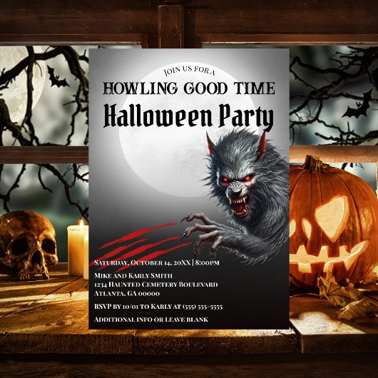 Modern Black Werewolf Full Moon Halloween-Party Einladung