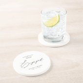 Modern Black & White Calligraphy Engagement Party Getränkeuntersetzer (Seite)