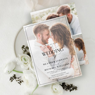 Modern Black White Calligraphy Faux Vellum 4 Photo Einladung