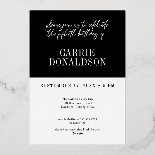 Modern Black White Fifty & Fabulous Birthday Folieneinladung (Rückseite)