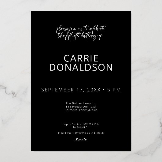 Modern Black White Fifty & Fabulous Birthday Folieneinladung (Rückseite)