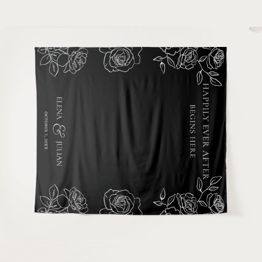 Modern Black & White French Roses Wedding Tapestry Wandteppich (Vorderseite (Horizontal))