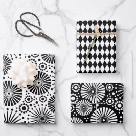 Modern Black White Geometric Starburst Harlequin Geschenkpapier Set
